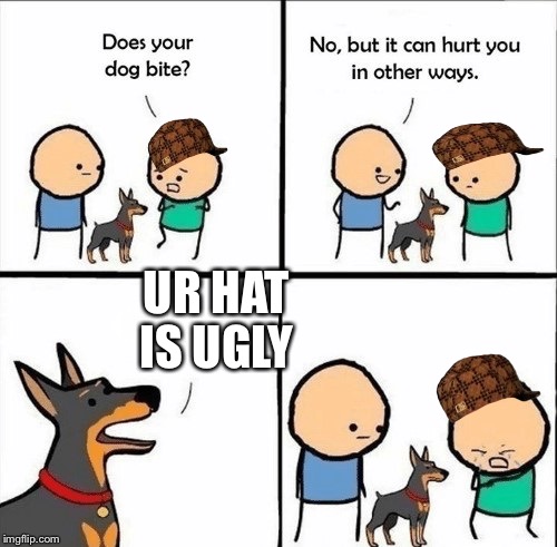 does your dog bite | UR HAT IS UGLY | image tagged in does your dog bite,scumbag | made w/ Imgflip meme maker