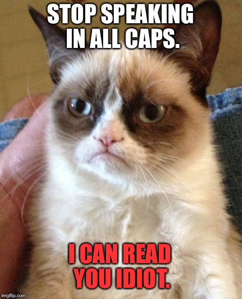 STOP SPEAKING IN ALL CAPS | STOP SPEAKING IN ALL CAPS. I CAN READ YOU IDIOT. | image tagged in memes,grumpy cat,all caps,typing,angry,frustrated at computer | made w/ Imgflip meme maker