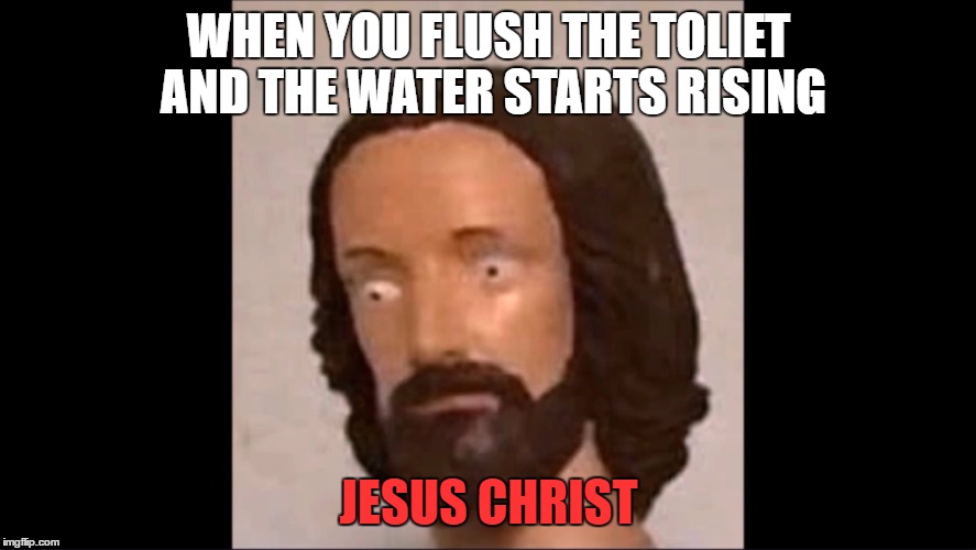 When you flush the toilet and the water starts rising | WHEN YOU FLUSH THE TOLIET AND THE WATER STARTS RISING; JESUS CHRIST | image tagged in toilet,jesus | made w/ Imgflip meme maker