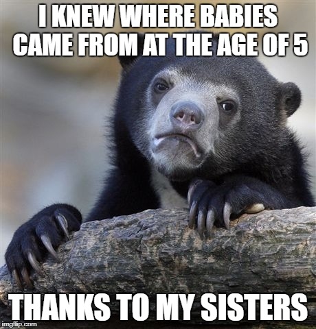 I was so innocent! after that i looked at every girl with those eyes! - Thanks to PowerMetalHead for inspireing me to make this! | I KNEW WHERE BABIES CAME FROM AT THE AGE OF 5; THANKS TO MY SISTERS | image tagged in memes,confession bear,funny | made w/ Imgflip meme maker