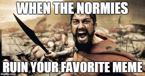 Sparta Leonidas Meme | WHEN THE NORMIES; RUIN YOUR FAVORITE MEME | image tagged in memes,sparta leonidas | made w/ Imgflip meme maker
