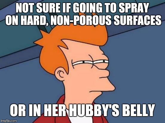 Futurama Fry Meme | NOT SURE IF GOING TO SPRAY ON HARD, NON-POROUS SURFACES OR IN HER HUBBY'S BELLY | image tagged in memes,futurama fry | made w/ Imgflip meme maker