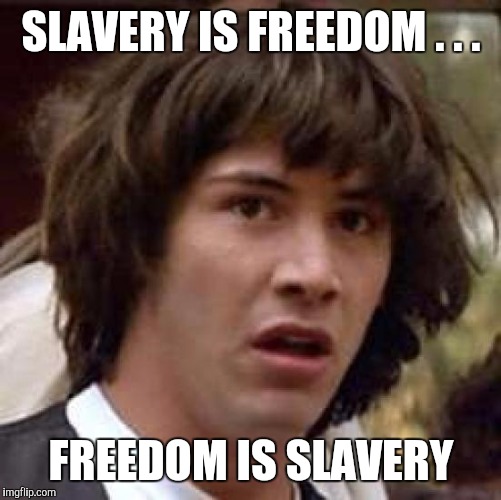 Conspiracy Keanu Meme | SLAVERY IS FREEDOM . . . FREEDOM IS SLAVERY | image tagged in memes,conspiracy keanu | made w/ Imgflip meme maker