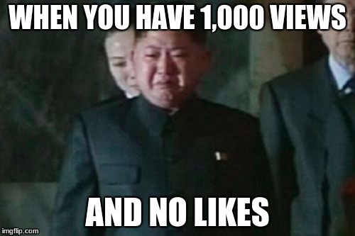 Kim Jong Un Sad | WHEN YOU HAVE 1,000 VIEWS; AND NO LIKES | image tagged in memes,kim jong un sad | made w/ Imgflip meme maker