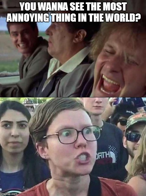 Dumb and Dumber | YOU WANNA SEE THE MOST ANNOYING THING IN THE WORLD? | image tagged in dumb and dumber,triggered liberal,annoying people | made w/ Imgflip meme maker