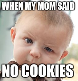 Skeptical Baby Meme |  WHEN MY MOM SAID; NO COOKIES | image tagged in memes,skeptical baby | made w/ Imgflip meme maker