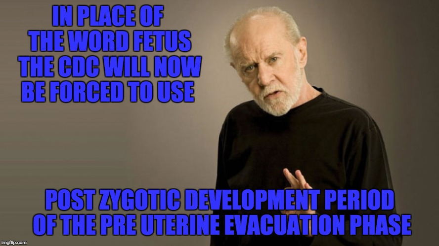 IN PLACE OF THE WORD FETUS THE CDC WILL NOW BE FORCED TO USE; POST ZYGOTIC DEVELOPMENT PERIOD OF THE PRE UTERINE EVACUATION PHASE | image tagged in george carlin | made w/ Imgflip meme maker
