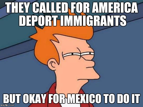 Futurama Fry | THEY CALLED FOR AMERICA DEPORT IMMIGRANTS; BUT OKAY FOR MEXICO TO DO IT | image tagged in memes,futurama fry | made w/ Imgflip meme maker