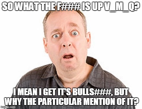 SO WHAT THE F### IS UP V_M_Q? I MEAN I GET IT'S BULLS###, BUT WHY THE PARTICULAR MENTION OF IT? | made w/ Imgflip meme maker
