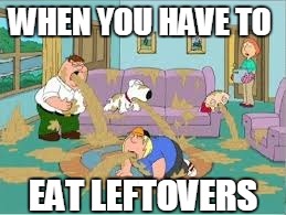Family Guy Barfing | WHEN YOU HAVE TO; EAT LEFTOVERS | image tagged in family guy barfing | made w/ Imgflip meme maker