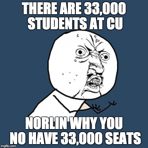 Y U No | THERE ARE 33,000 STUDENTS AT CU; NORLIN WHY YOU NO HAVE 33,000 SEATS | image tagged in memes,y u no | made w/ Imgflip meme maker