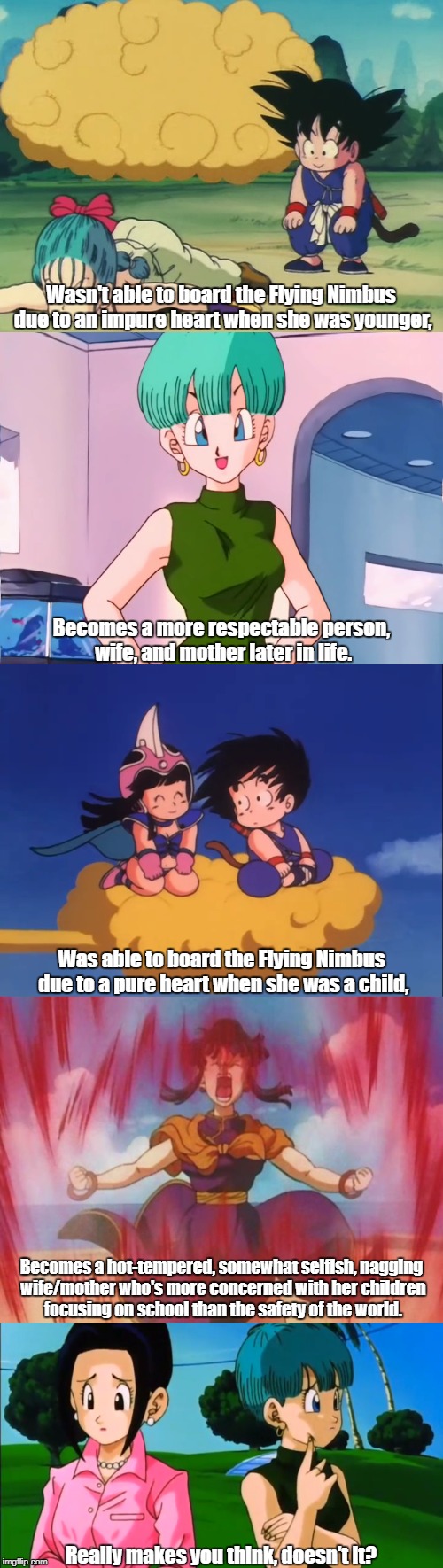 Nimbus/pure heart logic | Wasn't able to board the Flying Nimbus due to an impure heart when she was younger, Becomes a more respectable person, wife, and mother later in life. Was able to board the Flying Nimbus due to a pure heart when she was a child, Becomes a hot-tempered, somewhat selfish, nagging wife/mother who's more concerned with her children focusing on school than the safety of the world. Really makes you think, doesn't it? | image tagged in dbz | made w/ Imgflip meme maker