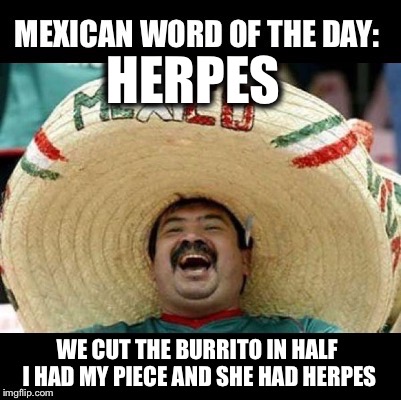 Mexican Word of the Day | HERPES; WE CUT THE BURRITO IN HALF  I HAD MY PIECE AND SHE HAD HERPES | image tagged in mexican word of the day large,herpes,funny | made w/ Imgflip meme maker