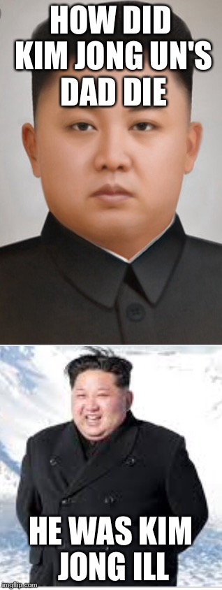 I'm sorry  | HOW DID KIM JONG UN'S DAD DIE; HE WAS KIM JONG ILL | image tagged in kim jong un,puns | made w/ Imgflip meme maker