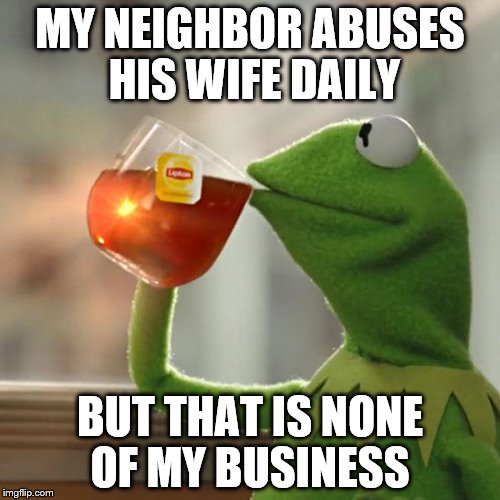 But That's None Of My Business | MY NEIGHBOR ABUSES HIS WIFE DAILY; BUT THAT IS NONE OF MY BUSINESS | image tagged in memes,but thats none of my business,kermit the frog | made w/ Imgflip meme maker