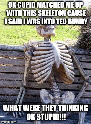 Waiting Skeleton | OK CUPID MATCHED ME UP WITH THIS SKELETON CAUSE I SAID I WAS INTO TED BUNDY; WHAT WERE THEY THINKING OK STUPID!!! | image tagged in memes,waiting skeleton | made w/ Imgflip meme maker