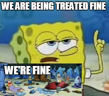 I'll Have You Know Spongebob Meme | WE ARE BEING TREATED FINE; WE'RE FINE | image tagged in memes,ill have you know spongebob | made w/ Imgflip meme maker