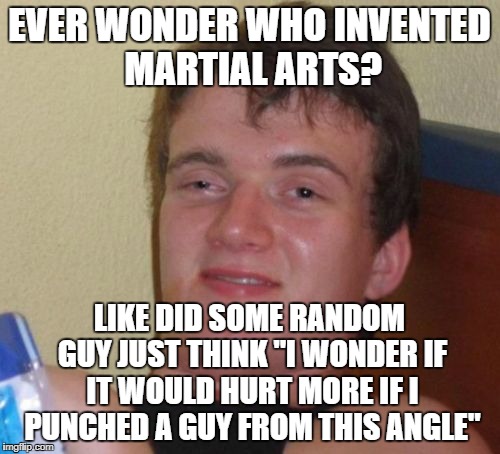 10 Guy Meme | EVER WONDER WHO INVENTED MARTIAL ARTS? LIKE DID SOME RANDOM GUY JUST THINK "I WONDER IF IT WOULD HURT MORE IF I PUNCHED A GUY FROM THIS ANGLE" | image tagged in memes,10 guy | made w/ Imgflip meme maker