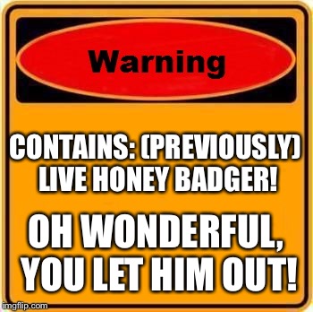 Warning Sign | CONTAINS: (PREVIOUSLY) LIVE HONEY BADGER! OH WONDERFUL, YOU LET HIM OUT! | image tagged in memes,warning sign | made w/ Imgflip meme maker