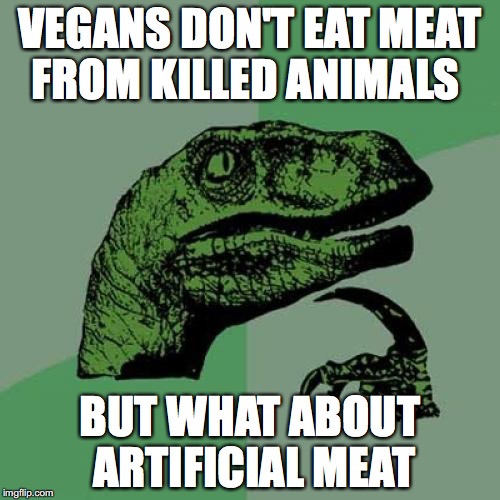 Makes you wonder! | VEGANS DON'T EAT MEAT FROM KILLED ANIMALS; BUT WHAT ABOUT ARTIFICIAL MEAT | image tagged in memes,philosoraptor,funny memes,funny,meat,vegan | made w/ Imgflip meme maker