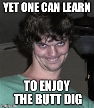 Creepy smile | YET ONE CAN LEARN; TO ENJOY THE BUTT DIG | image tagged in creepy smile | made w/ Imgflip meme maker