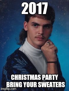 Mullet | 2017; CHRISTMAS PARTY 
BRING YOUR SWEATERS | image tagged in mullet | made w/ Imgflip meme maker