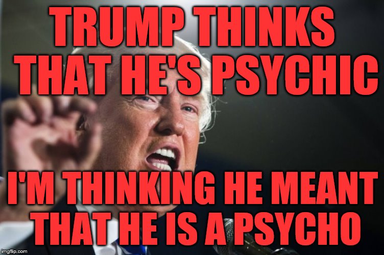 donald trump | TRUMP THINKS THAT HE'S PSYCHIC; I'M THINKING HE MEANT THAT HE IS A PSYCHO | image tagged in donald trump | made w/ Imgflip meme maker