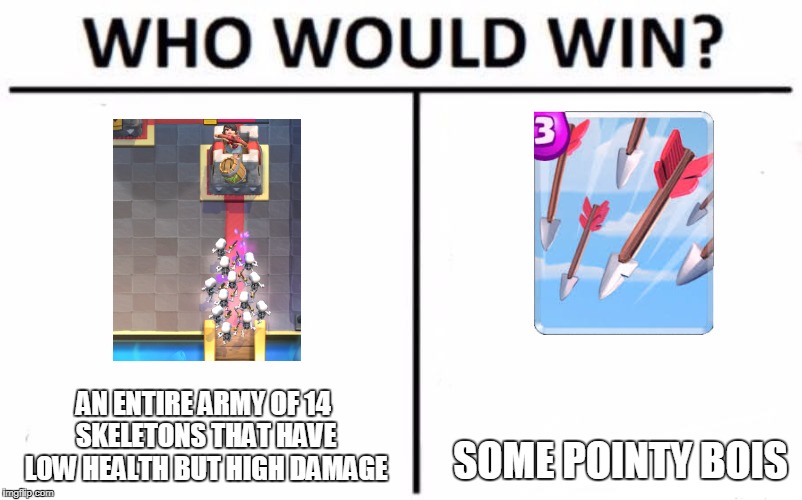 Who Would Win? | SOME POINTY BOIS; AN ENTIRE ARMY OF 14 SKELETONS THAT HAVE LOW HEALTH BUT HIGH DAMAGE | image tagged in who would win | made w/ Imgflip meme maker