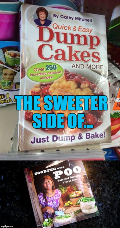 Beware of the bittersweet chocolate puffs!!! | THE SWEETER SIDE OF... | image tagged in cooking with poo,memes,dump cakes,funny,food,cookbooks | made w/ Imgflip meme maker