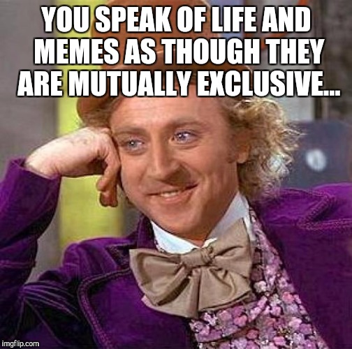 Creepy Condescending Wonka Meme | YOU SPEAK OF LIFE AND MEMES AS THOUGH THEY ARE MUTUALLY EXCLUSIVE... | image tagged in memes,creepy condescending wonka | made w/ Imgflip meme maker