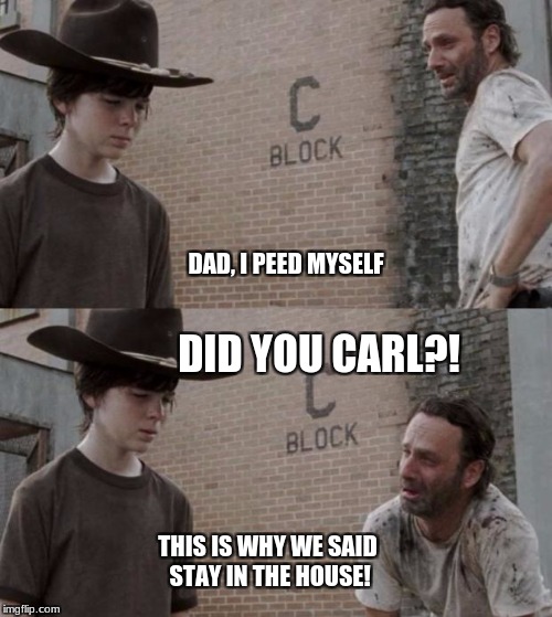 Rick and Carl Meme | DAD, I PEED MYSELF; DID YOU CARL?! THIS IS WHY WE SAID STAY IN THE HOUSE! | image tagged in memes,rick and carl | made w/ Imgflip meme maker