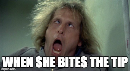 Scary Harry Meme | WHEN SHE BITES THE TIP | image tagged in memes,scary harry | made w/ Imgflip meme maker
