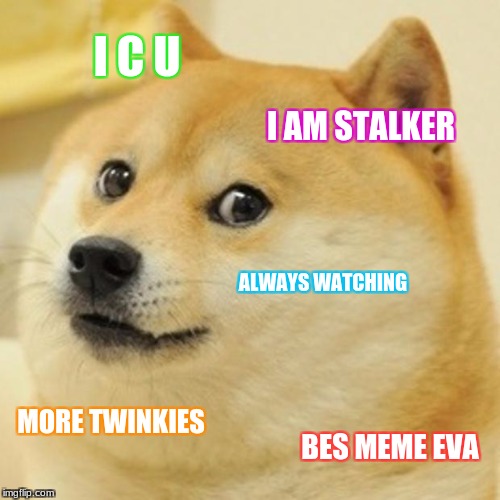 Doge Meme | I C U; I AM STALKER; ALWAYS WATCHING; MORE TWINKIES; BES MEME EVA | image tagged in memes,doge | made w/ Imgflip meme maker