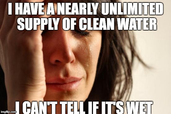 First World Problems | I HAVE A NEARLY UNLIMITED SUPPLY OF CLEAN WATER; I CAN'T TELL IF IT'S WET | image tagged in memes,first world problems | made w/ Imgflip meme maker