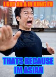 Angry Asian | I GOT AN A IN KUNG FU; THATS BECAUSE IM ASIAN | image tagged in memes,angry asian | made w/ Imgflip meme maker