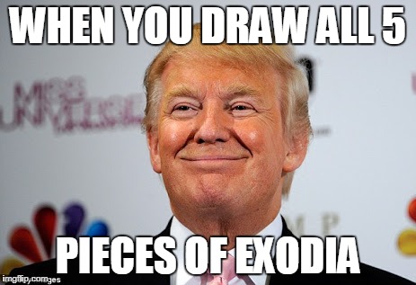 This is a HUGE feeling | WHEN YOU DRAW ALL 5; PIECES OF EXODIA | image tagged in donald trump approves,memes,yugioh,cards,playing cards | made w/ Imgflip meme maker