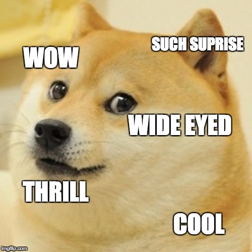 Doge | SUCH SUPRISE; WOW; WIDE EYED; THRILL; COOL | image tagged in memes,doge | made w/ Imgflip meme maker