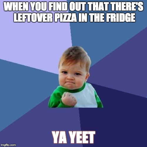 Success Kid Meme | WHEN YOU FIND OUT THAT THERE'S LEFTOVER PIZZA IN THE FRIDGE; YA YEET | image tagged in memes,success kid,baby,yeet,pizza,kid | made w/ Imgflip meme maker