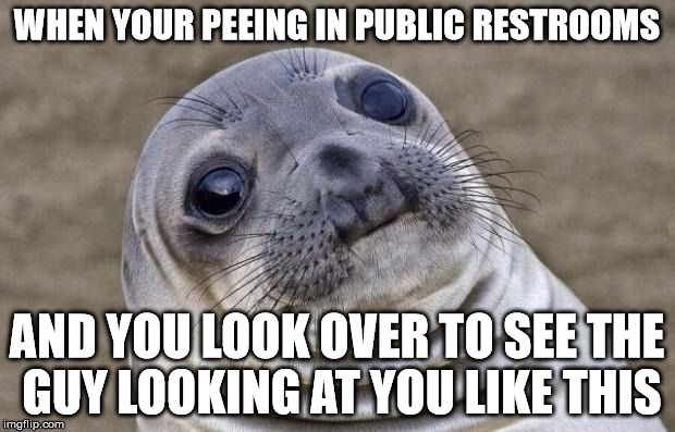 Awkward Moment Sealion | WHEN YOUR PEEING IN PUBLIC RESTROOMS; AND YOU LOOK OVER TO SEE THE GUY LOOKING AT YOU LIKE THIS | image tagged in memes,awkward moment sealion | made w/ Imgflip meme maker