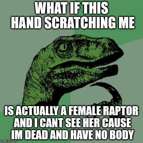 Philosoraptor | WHAT IF THIS HAND SCRATCHING ME; IS ACTUALLY A FEMALE RAPTOR AND I CANT SEE HER CAUSE IM DEAD AND HAVE NO BODY | image tagged in memes,philosoraptor | made w/ Imgflip meme maker