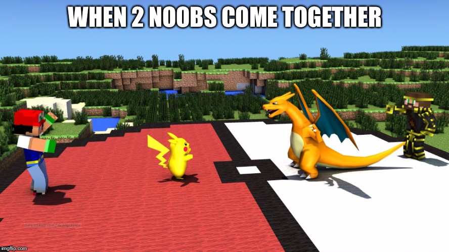 Pokemon Minecraft | WHEN 2 NOOBS COME TOGETHER | image tagged in pokemon minecraft | made w/ Imgflip meme maker