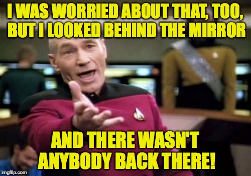 Picard Wtf Meme | I WAS WORRIED ABOUT THAT, TOO, BUT I LOOKED BEHIND THE MIRROR AND THERE WASN'T ANYBODY BACK THERE! | image tagged in memes,picard wtf | made w/ Imgflip meme maker