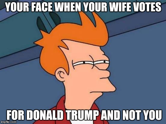 Futurama Fry Meme | YOUR FACE WHEN YOUR WIFE VOTES; FOR DONALD TRUMP AND NOT YOU | image tagged in memes,futurama fry | made w/ Imgflip meme maker
