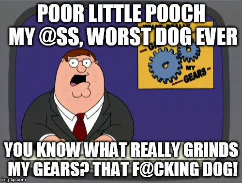 POOR LITTLE POOCH MY @SS, WORST DOG EVER YOU KNOW WHAT REALLY GRINDS MY GEARS? THAT F@CKING DOG! | made w/ Imgflip meme maker