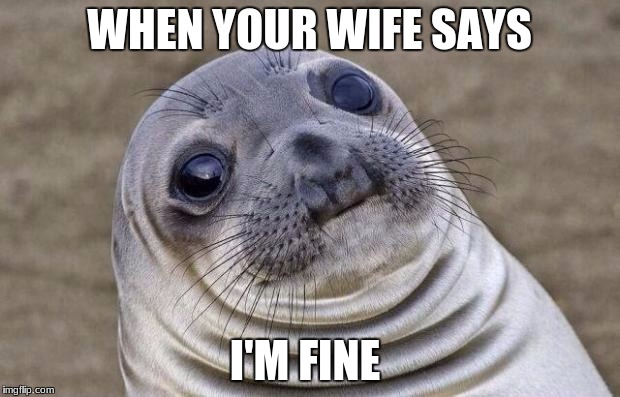 Awkward Moment Sealion Meme | WHEN YOUR WIFE SAYS; I'M FINE | image tagged in memes,awkward moment sealion | made w/ Imgflip meme maker