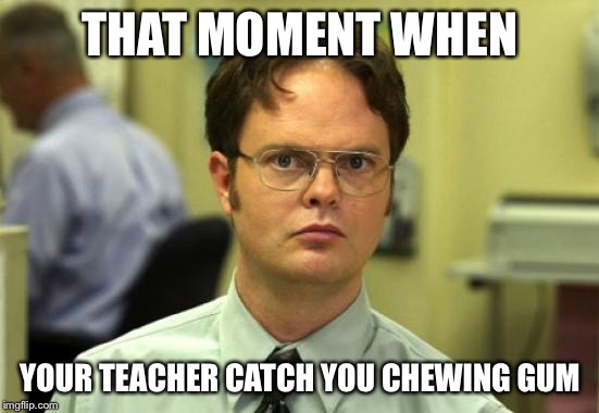 Dwight Schrute Meme | THAT MOMENT WHEN; YOUR TEACHER CATCH YOU CHEWING GUM | image tagged in memes,dwight schrute | made w/ Imgflip meme maker