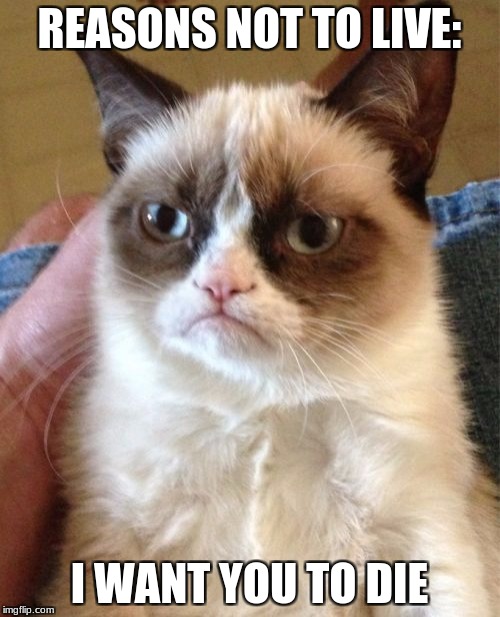 Grumpy Cat Meme | REASONS NOT TO LIVE: I WANT YOU TO DIE | image tagged in memes,grumpy cat | made w/ Imgflip meme maker