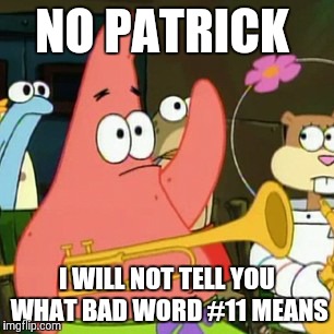 But considering that the bad word was directed towards Mr. Krabs, I'd assume it's a certain derogatory slur against homosexuals. | NO PATRICK; I WILL NOT TELL YOU WHAT BAD WORD #11 MEANS | image tagged in memes,no patrick,bad word,sailor mouth,swear word,spongebob squarepants | made w/ Imgflip meme maker