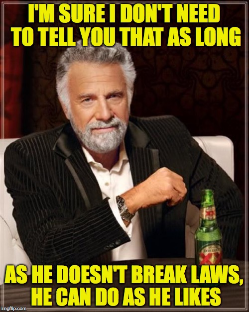 The Most Interesting Man In The World Meme | I'M SURE I DON'T NEED TO TELL YOU THAT AS LONG AS HE DOESN'T BREAK LAWS, HE CAN DO AS HE LIKES | image tagged in memes,the most interesting man in the world | made w/ Imgflip meme maker