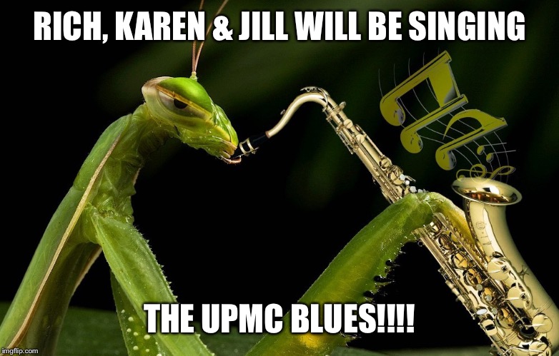 Mantis Playing Sax | RICH, KAREN & JILL WILL BE SINGING; THE UPMC BLUES!!!! | image tagged in mantis playing sax | made w/ Imgflip meme maker